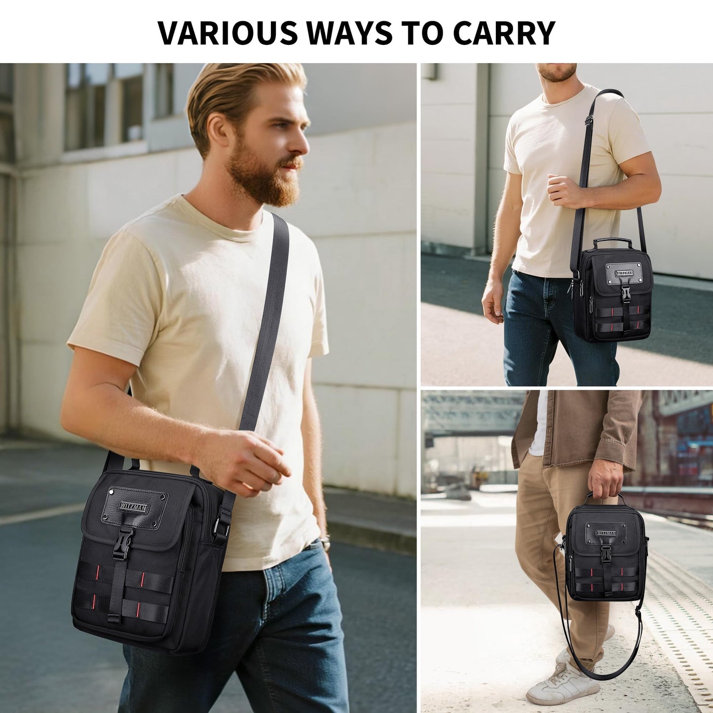WITZMAN Crossbody Bag for Men Lightweight Man Purse Messenger Bag Casual Satchel Nylon Shoulder Bag for Work Traveling(B708 Black)