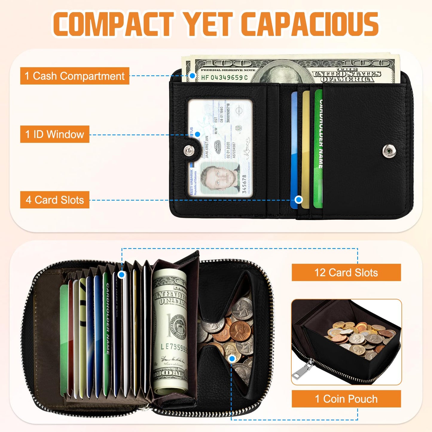 HUANLANG Credit Card Wallet for Women Men Leather Accordion Wallet, RFID Blocking Zipper Card Case Holder with Coin Pocket