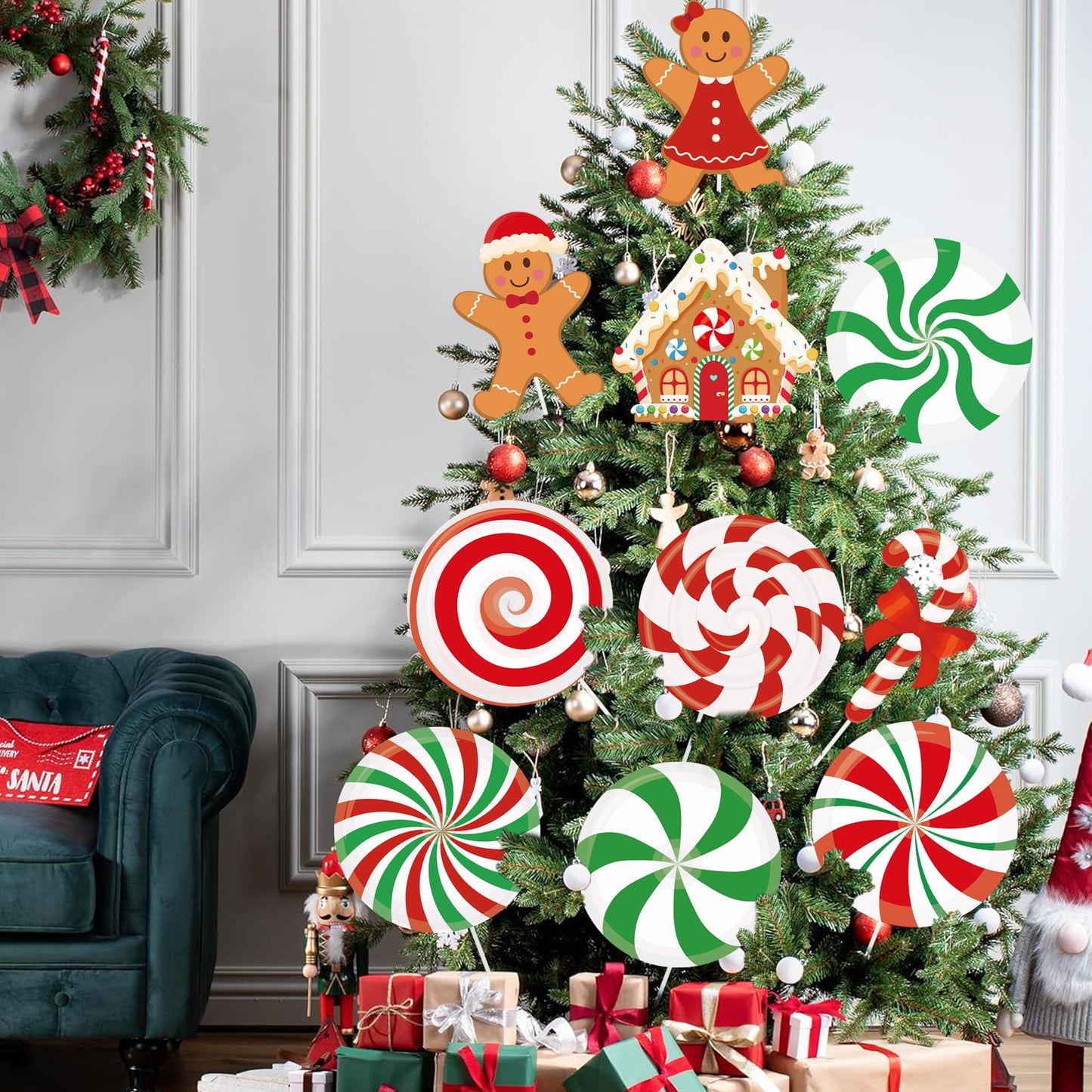 12 PCS Large Candy Gingerbread Christmas Tree Picks 10 Inch Candy Cane Gingerbread Man Christmas Tree Ornaments Peppermint Lollipop Hanging Decor for Xmas Trees Topper New Year Holiday Party Decor