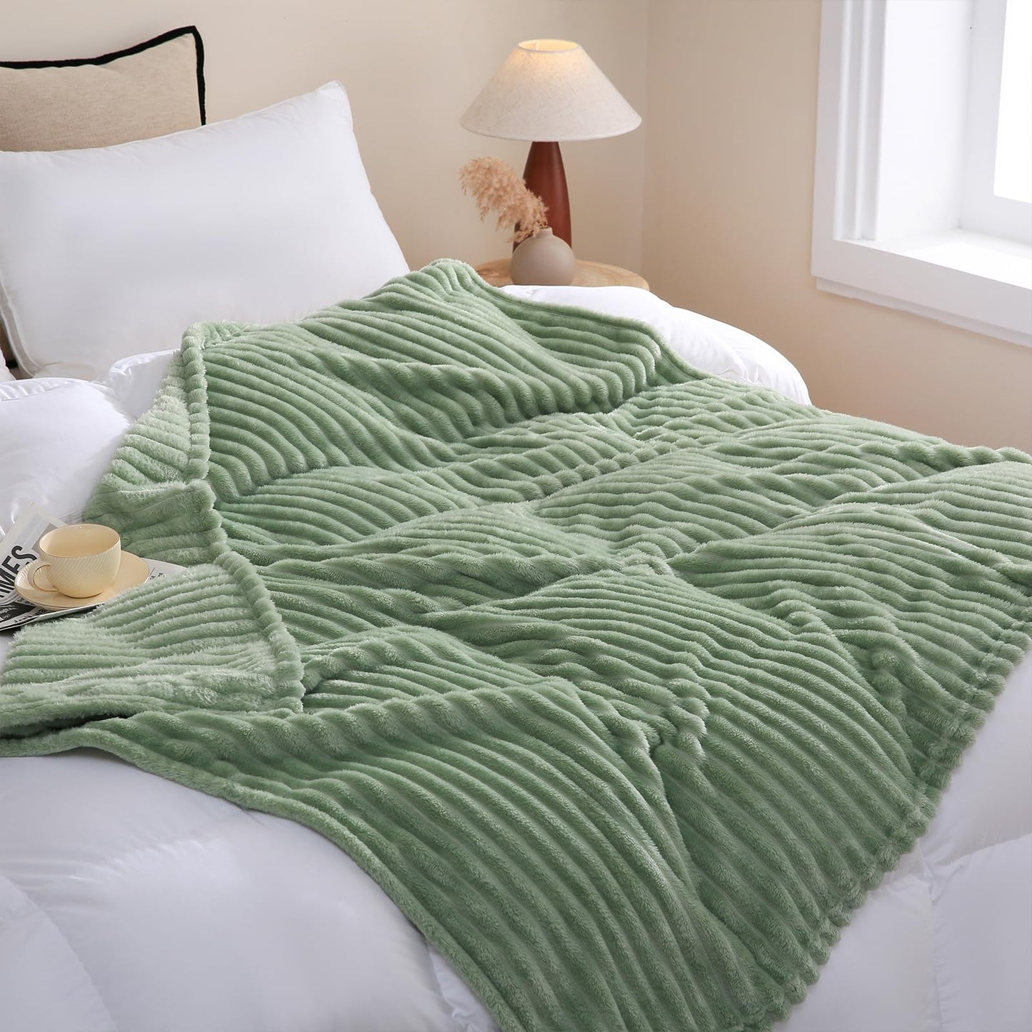 Linecooo Sage Green Fleece Throw Blanket 50”×60” for Couch Sofa Bed,Super Soft Cozy Plush Microfiber Flannel Blanket with Stripes Design Lightweight for Adults,Woman,Girls