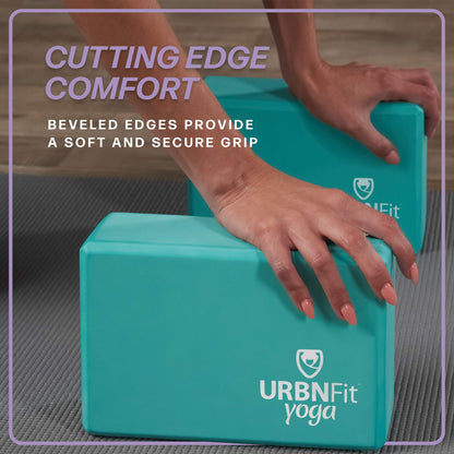 URBNFit Yoga Blocks 2 Pack - Sturdy Foam Yoga Block Set with Strap for Exercise, Pilates Workout, Stretching, Meditation, Stability - High Density Non Slip Brick, Fitness Accessories