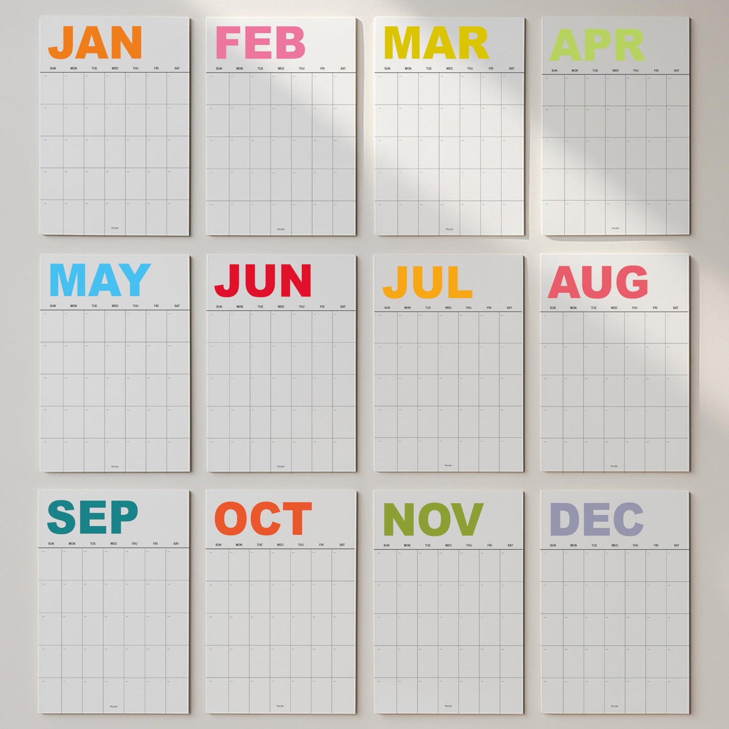 Dry Erase Undated Wall Calendar – 12 Color-Coded Monthly Prints, A3 Size (11.7 × 16.5 inches), Premium 400 gsm (14 pt) Thick Bristol Paper, Large 1.7 × 2.5 in Daily Writing Boxes, Glossy Reusable Surface, Flat-Packed, European-Quality Print
