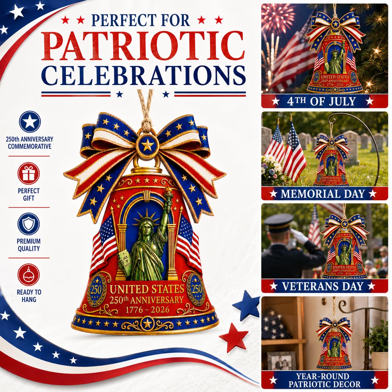 Red Wooden Liberty Bell 250 Anniversary USA Ornament, USA 250th Anniversary Merchandise, Fourth of July Decorations, Patriotic Decor, USA 250th Anniversary 4th of July Gifts, USA 250th Birthday Gifts