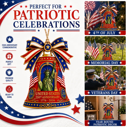 Red Wooden Liberty Bell 250 Anniversary USA Ornament, USA 250th Anniversary Merchandise, Fourth of July Decorations, Patriotic Decor, USA 250th Anniversary 4th of July Gifts, USA 250th Birthday Gifts