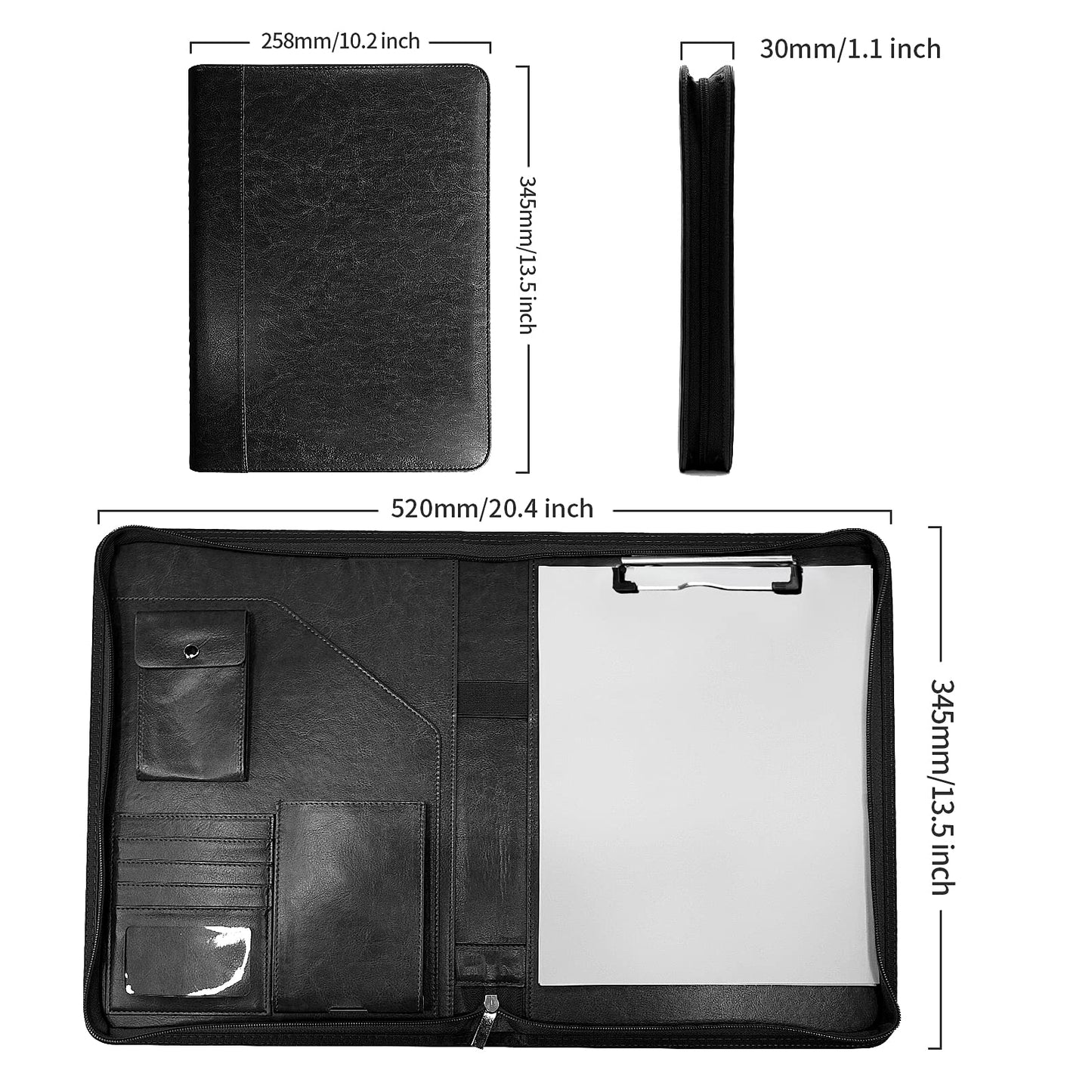 Zippered Padfolio Organizer, WRIYES Leather Planner Binder, 10.2 Inch Portfolio Folder for Documents, Letter Size Business Card Holder for Men&Women (Black)