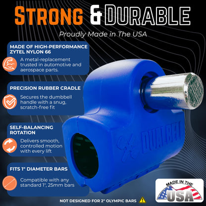Blue DUALBELL Superset for 1” bar and blue weight collars- Home gym dumbbell to barbell adapters - Connect Dumbbells to 1” standard diameter bar to replace weight plates, 500lb max capacity