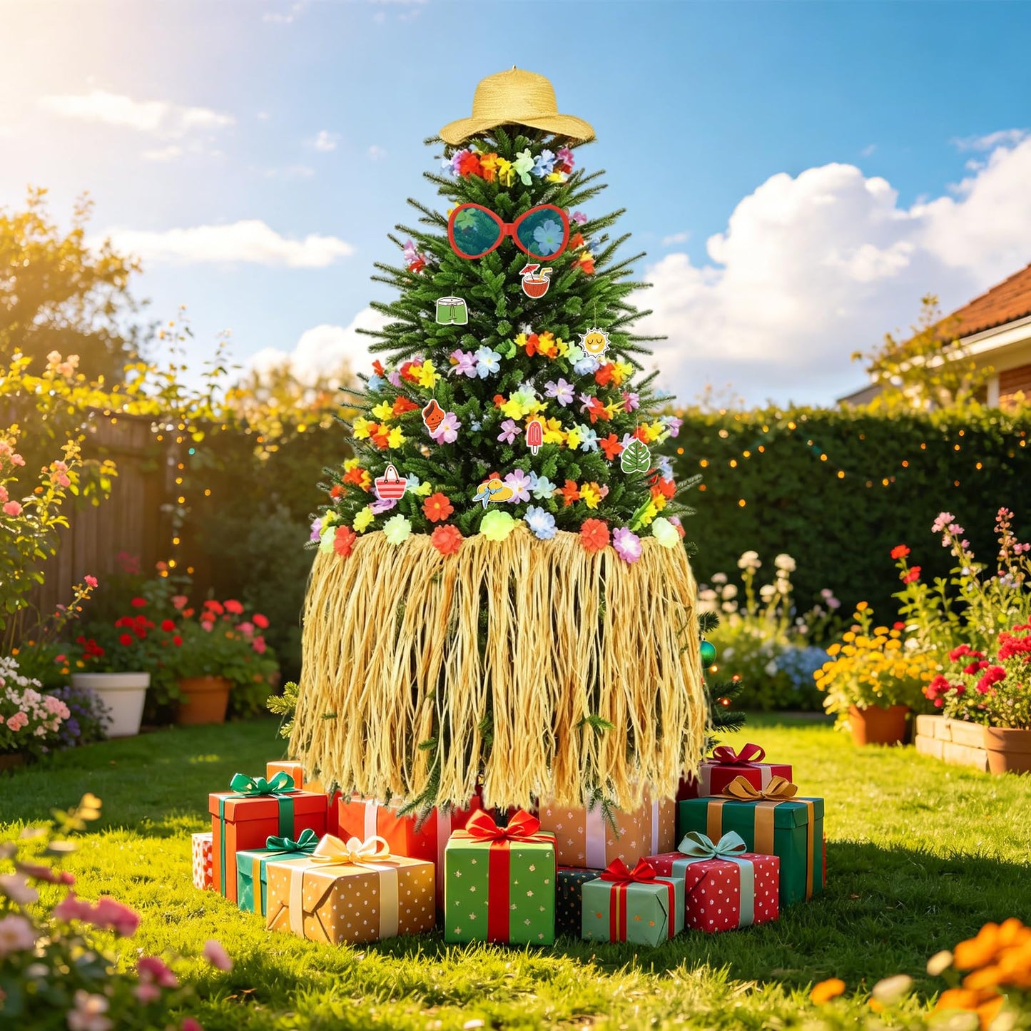12Pcs Summer Christmas Tree Decorations Include Tassel Grass Skirt Oversized Sunglasses Beach Hat Flower Banner and Summer Tree Hanging Ornaments for Christmas in July Hawaiian Beach Party Supplies