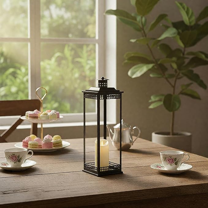 Vintage Lanterns Decorative Indoor, 17'' 11'' Set of 2 Black Candle Lantern Decor, Lanterns Decorative for Retro Living Room, Mantel, Patio, Porch, Garden, Balcony, Wedding Tabletop Lantern