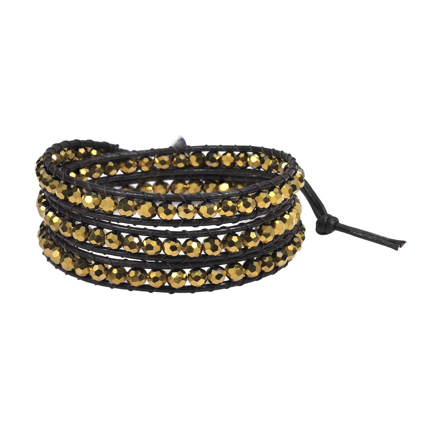 AeraVida Bohemian Multi-Layer Gold Crystal Muse Wrap Bracelet | Handmade Leather and Cotton Rope Tribal Beaded Bracelet with Toggle Clasp | Fashion Jewelry for Women
