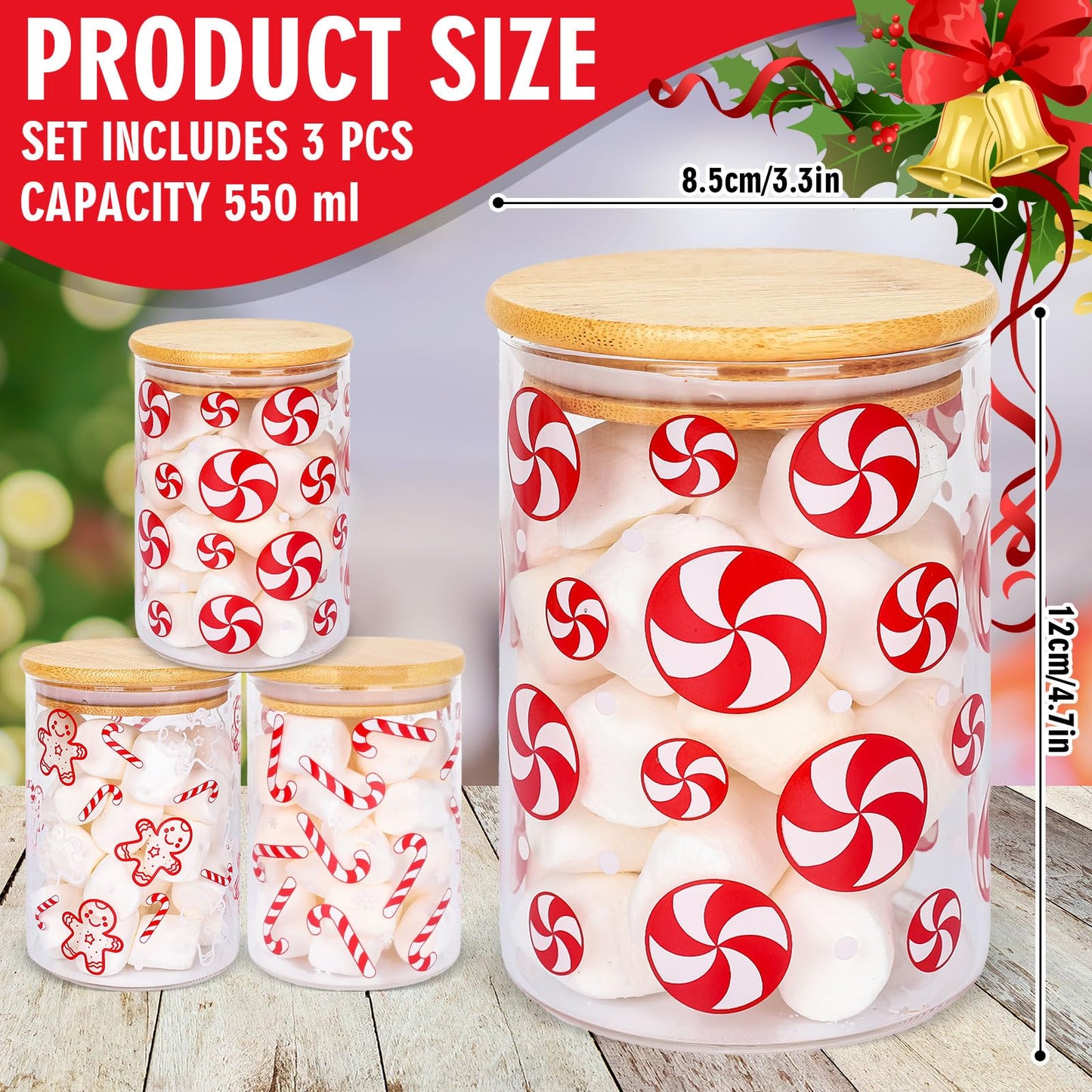 JarThenaAMCS 3Pcs Christmas Glass Storage Jars Red White Candy Cane Gingerbread Man Clear Canisters Sets with Airtight Lid for Xmas Home Kitchen Countertop Decor