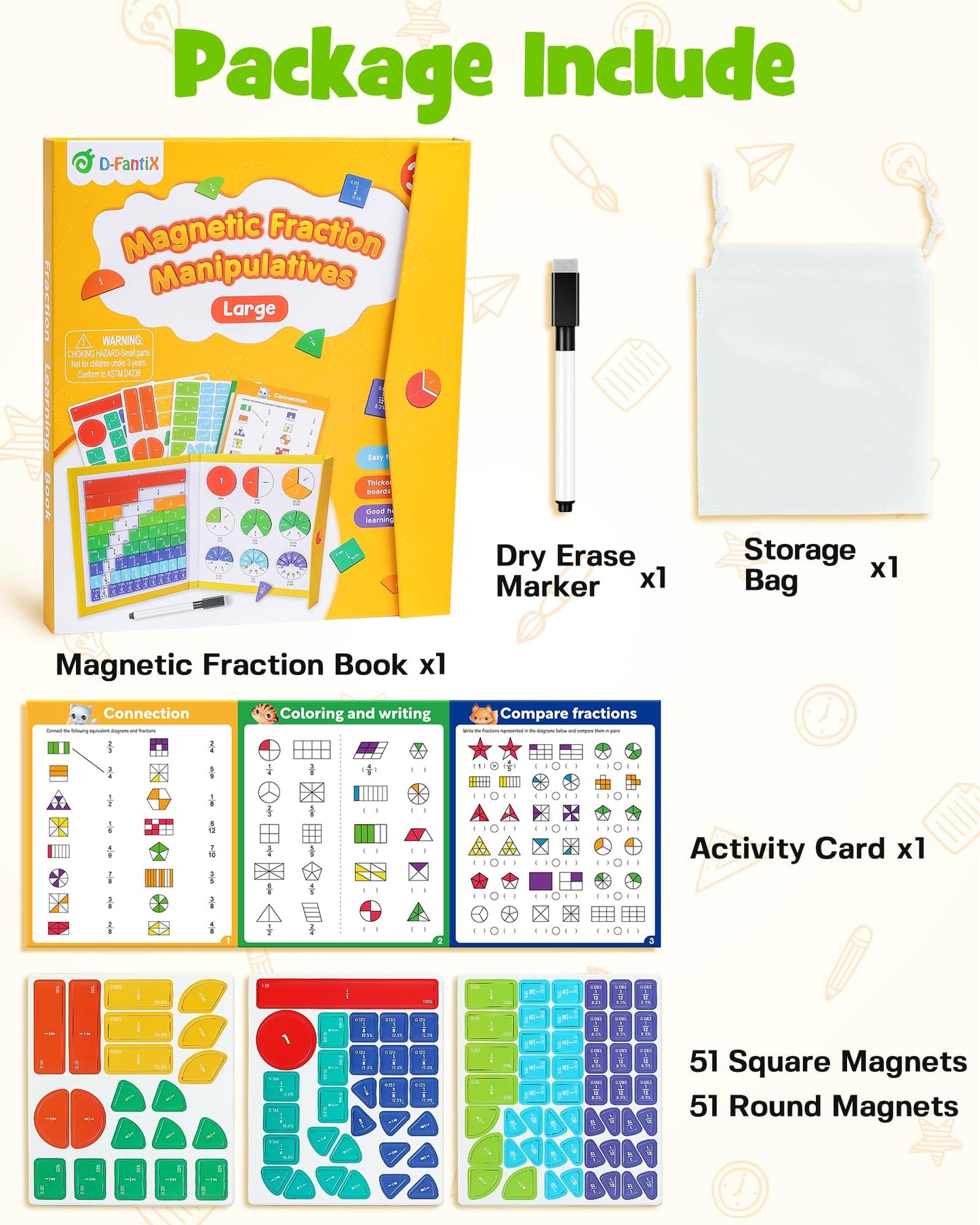 D-FantiX Large Magnetic Fraction Demonstration Book, Magnetic Fraction Tiles & Fraction Circles Set with Dry Erase Activity Card, Montessori Fraction Manipulatives Learning Toys for Kids