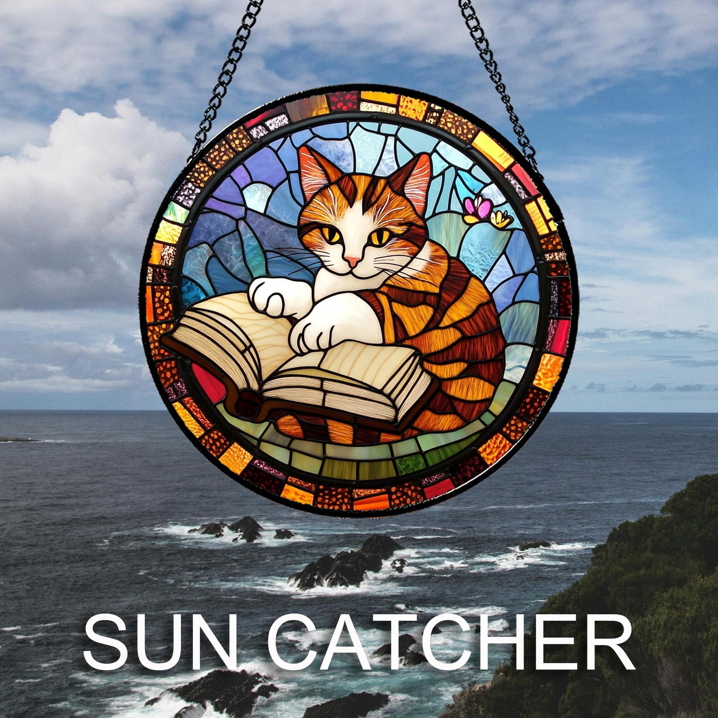 DASTOLL Stained Glass Window Hanging Little Cat Reading 7.8" - Suncatcher Door Garden Kitchen Sunroom Sun Catcher Home Decor Birthday for Lost Pets Mom Grandma Men Woman Friend