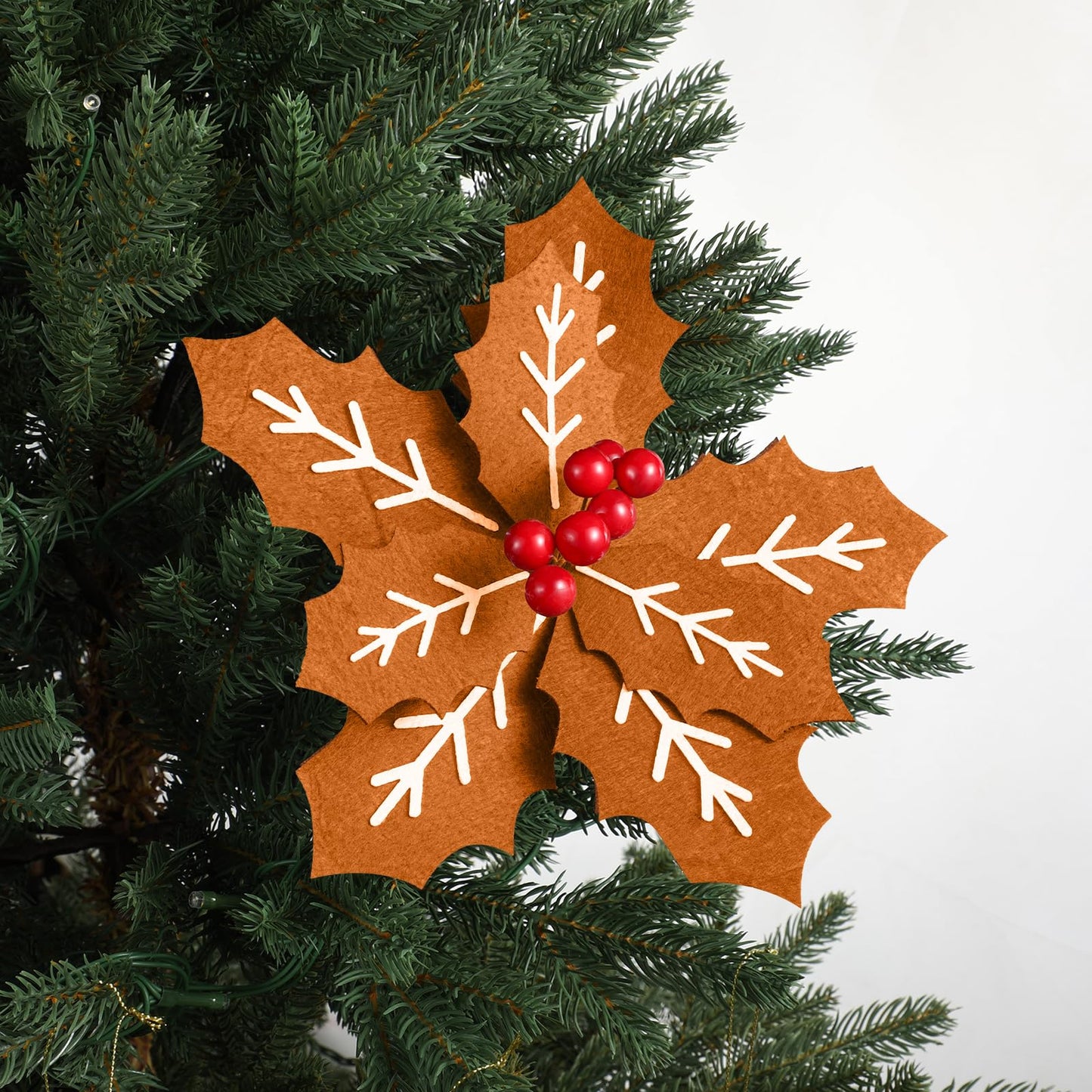 Suncalla 8 Pcs 9 Inch Gingerbread Poinsettia Christmas Tree Picks Decorations Felt Artificial Poinsettia Flowers with Red Berries Christmas Tree Ornaments Topper for Xmas Floral Wreath Vase Decoration