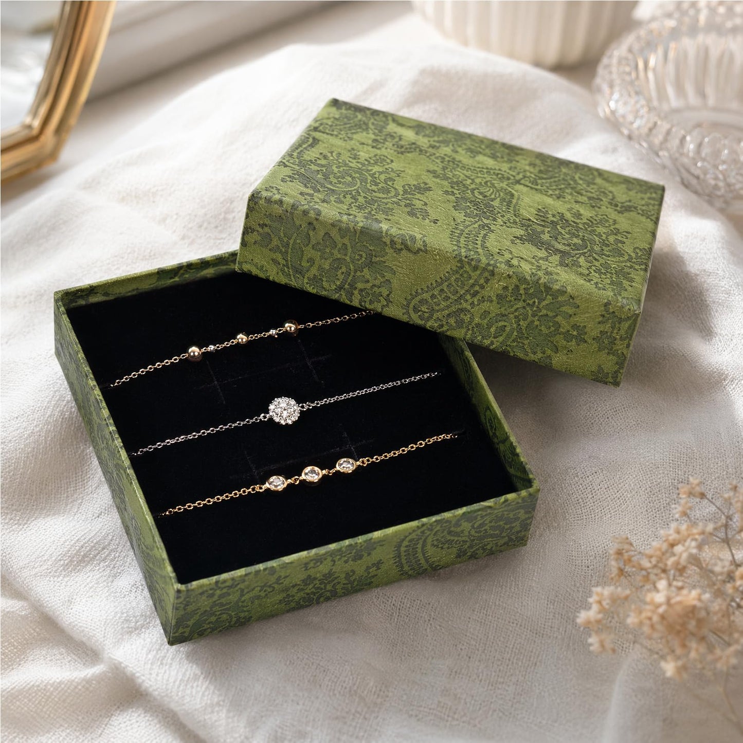 ARTISAMILY 12pcs Green Earring Bracelet Necklace Box Jewelry Gift Boxes 3.5 x3.5 x1 Inch Cotton Fill Cardboard Paper Jewelry Boxes Case for Birthday Wedding Christmas Shipping Storage