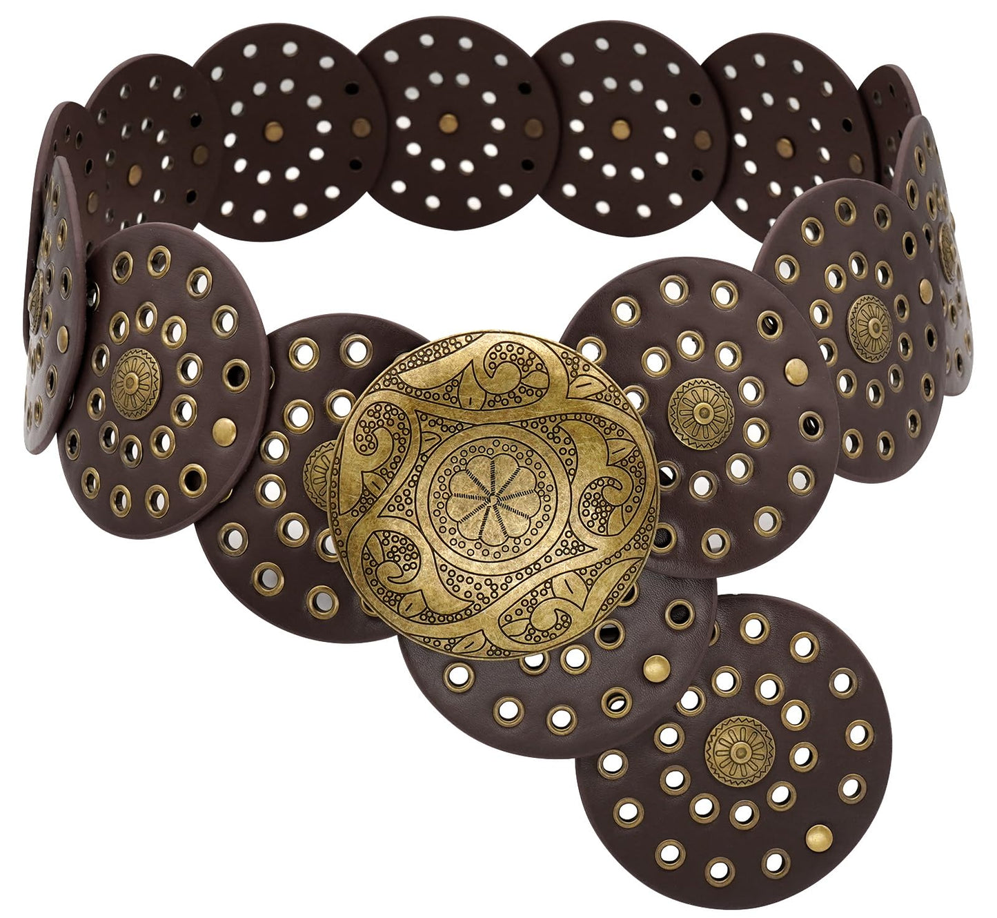 WULIQIUQIU Wide Disc Belt for Women Boho Concho Leather Belts Vintage Western Waist Belt 101CM Coffee