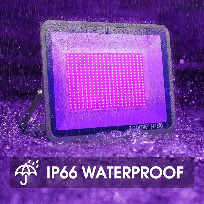 2 Pack 1000W LED Black Flood Light, Big Black Light Outdoor with Plug and Switch, IP66 Waterproof Blacklight for Glow Party, Halloween, Fluorescent Poster, Body Paint, Aquarium