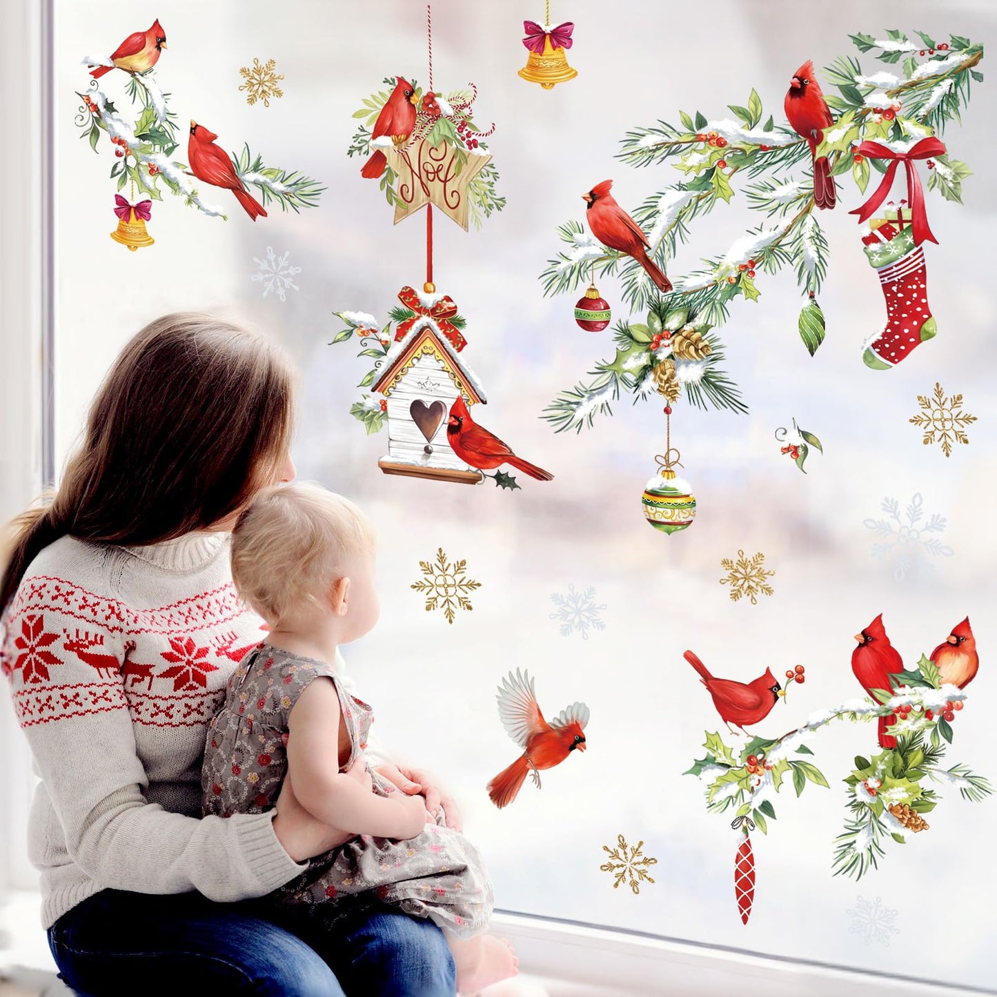 wondever Red Birds Tree Branch Window Clings Cardinal Glass Sticker Decal Anti Collision Double-Side Static Window Decals for Home Glass
