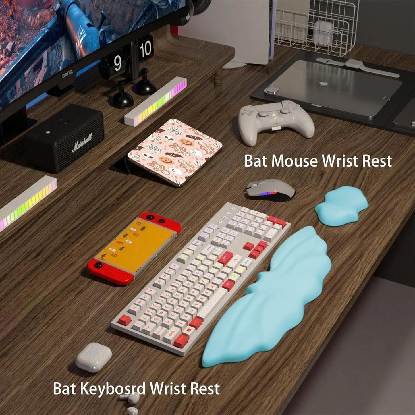 Tscuite Halloween Bat Keyboard Wrist Rest Set, Ergonomic PU Leather Wrist Support for Keyboard & Mouse, Soft Memory Foam Wrist Pad with Non-Slip Base for Office, Gaming, Laptop & Compute (Blue)
