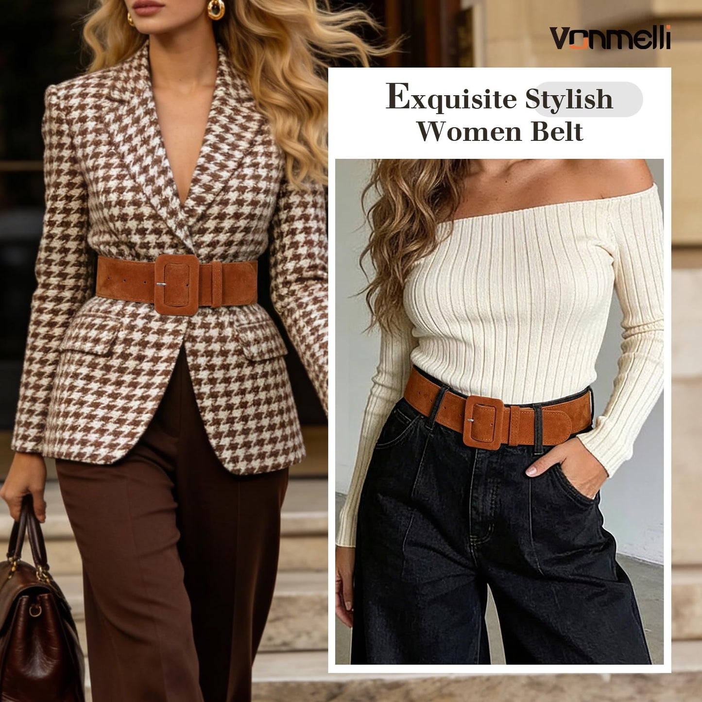 VONMELLI Women Wide Velvet Belt for Dresses Brown Thick Chunky Waist Belt with Vintage Square Buckle, S
