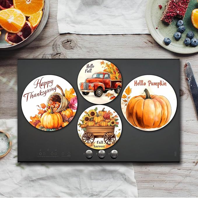 Autumn Pumpkin Electric Stove Burner Covers，4 Pcs Thanksgiving Decor Round Stove Burner Cover，8 Inches and 10 Inches，Gas Stove Burner Cover,Metal Cooktop Fall Decorative Home Decor,Kitchen Decor