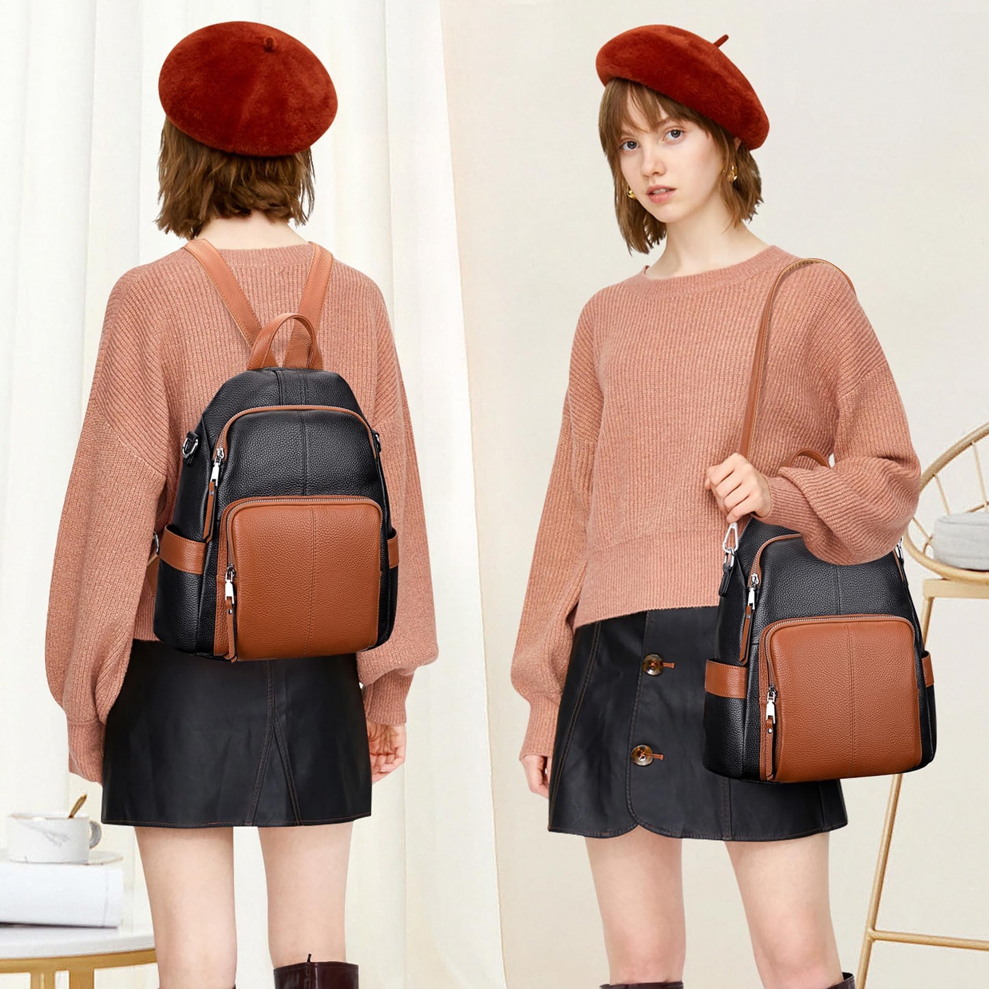 ALTOSY Soft Leather Backpack Purse For Women -theft Backpacks Versatile Shoulder Bag(S81 Black/Brown)