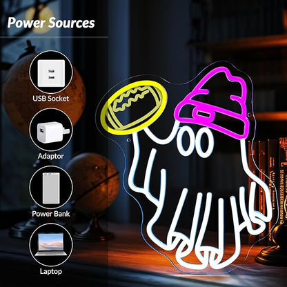 Halloween Ghost Neon Signs for Wall Decor Dimmable USB Powered Football Ghost Signs Gift for Football Fans Teens, Halloween Ghost Neon Light for Bedroom, Living Room, Bar, Party