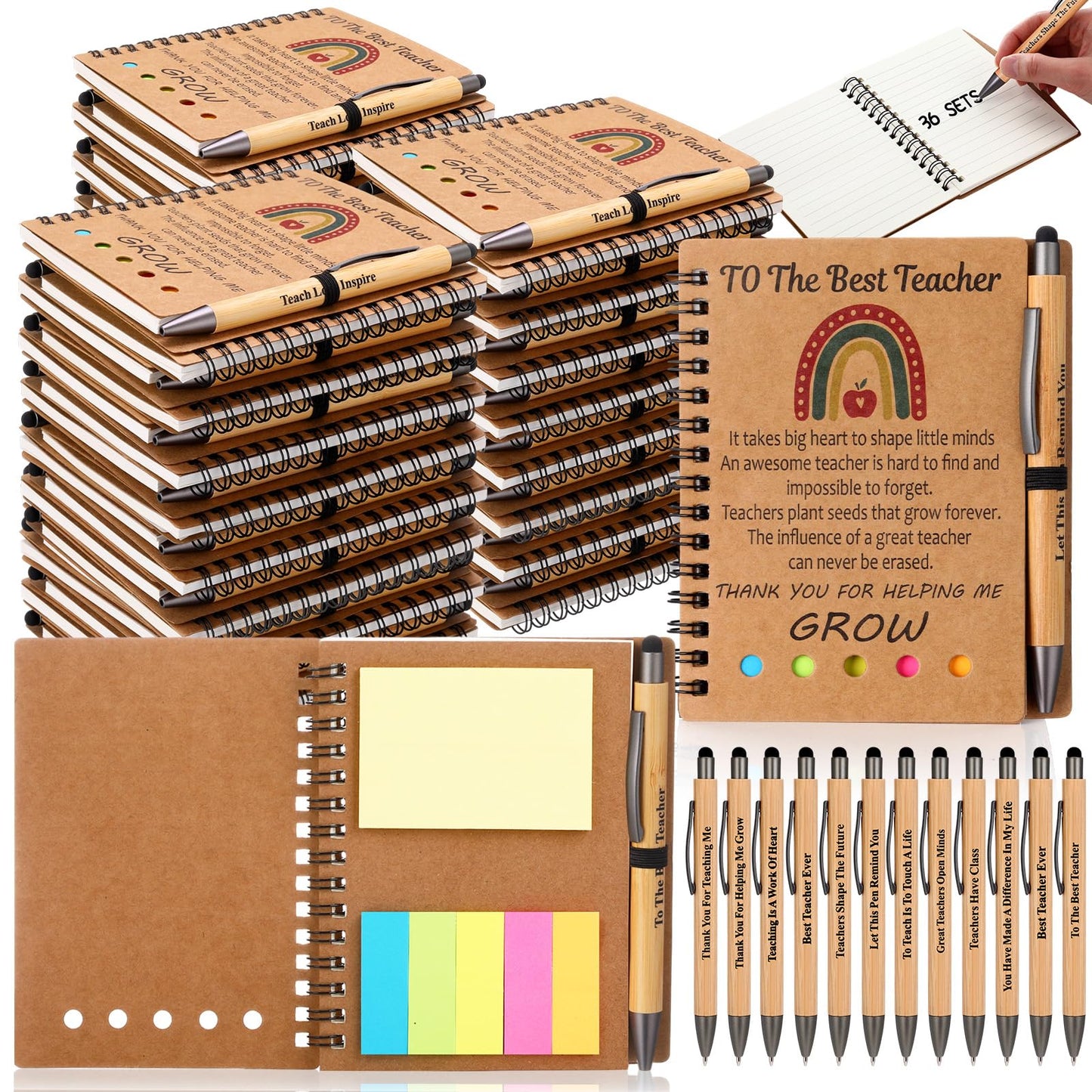 Resurhang 72 Pcs/36 Sets Teacher Appreciation Gifts Teacher Week Thank You Appreciation Gifts Notebook with Bamboo Ballpoint Pens, Thank You Notebook Bulk from Students Inspirational Journal