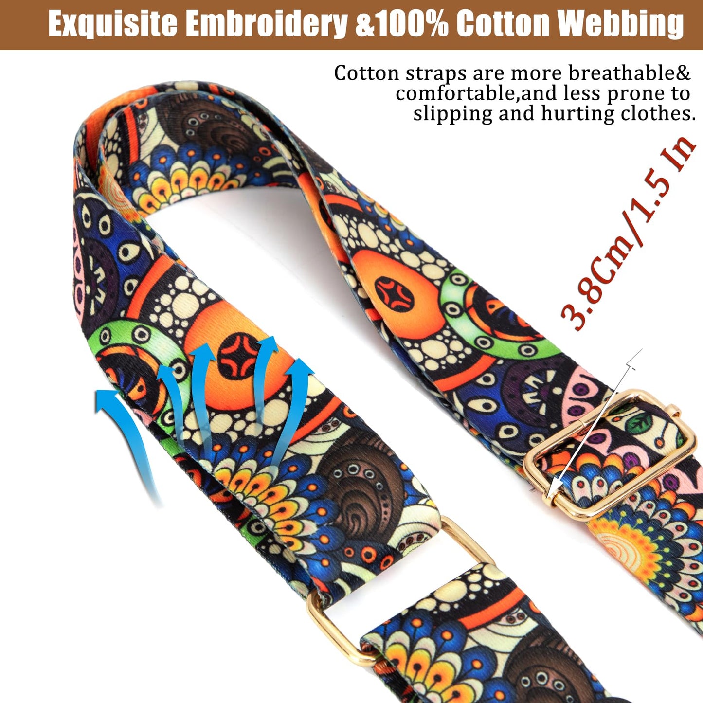 Aeiruo Purse Strap, 1.5" Cowhide Head Wide Shoulder Bag Strap Adjustable Replacement,Jacquard Embroidery Crossbody Bag Straps (Colorful Flower)