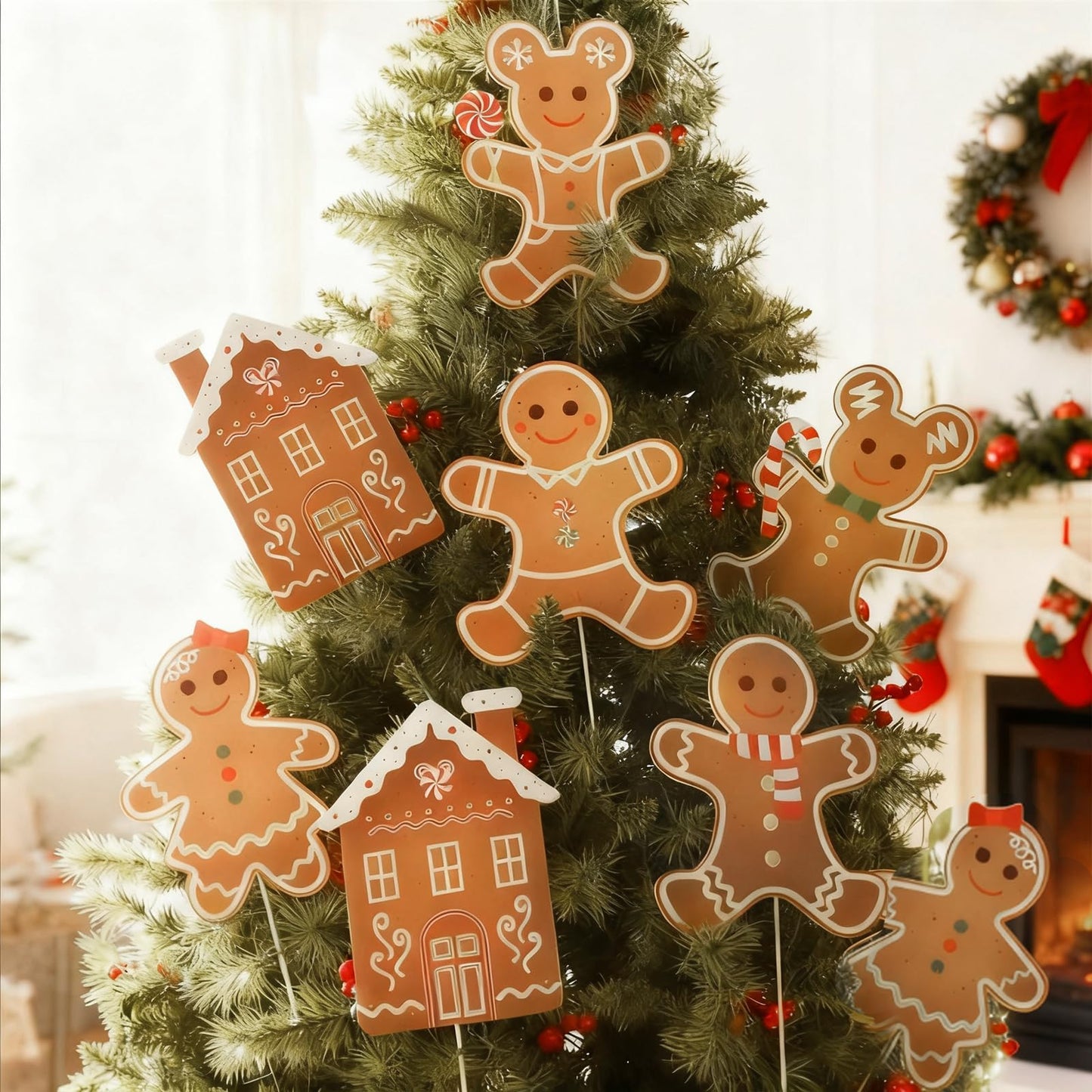 8 Pcs Christmas Tree Decorations Picks, Large Gingerbread Man Christmas Tree Picks, Xmas Gingerbread Man Tree Topper Ornaments for Xmas Trees Winter Holiday Home Party Vase Decor