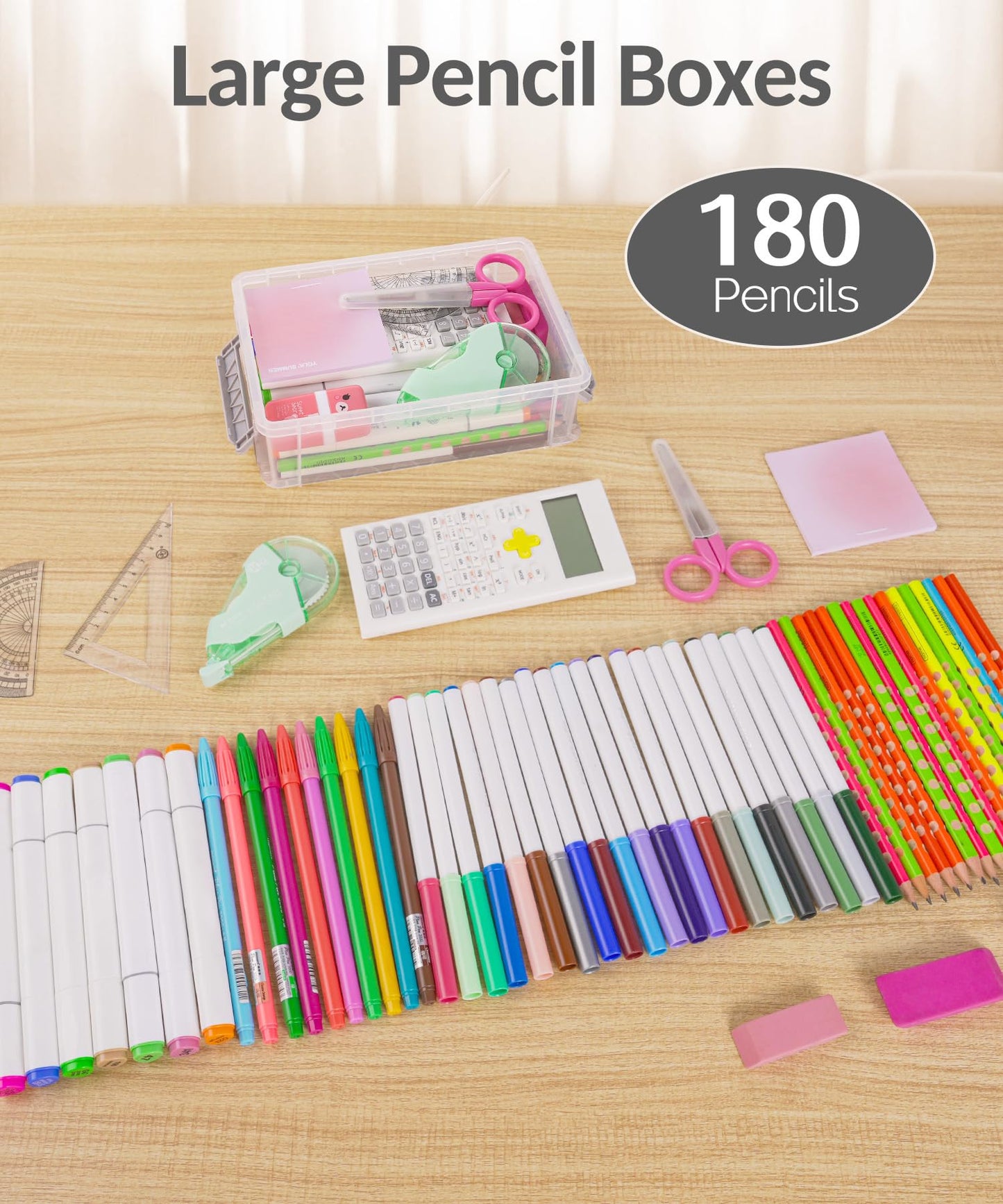 Sooez 6 Pack Extra Large Pencil Box, Plastic Pencil Case Crayon Box, Clear Marker Organizer Plastic Containers with Lid, Stackable Storage Boxes for Art Craft,Pen,Back to School Teacher Supplies, Grey