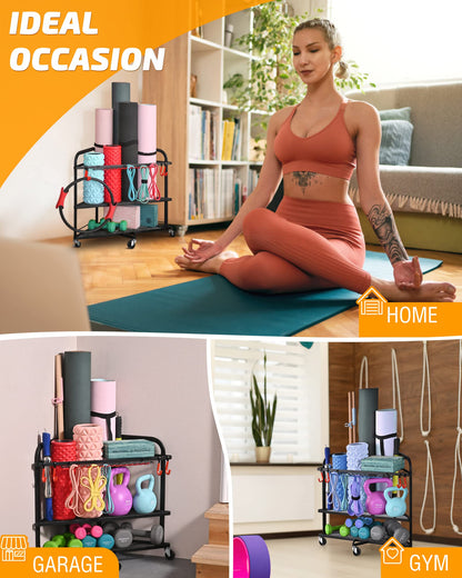 PLKOW Yoga Mat Storage Rack, Home Gym Organizer for Foam Roller, Resistance Bands, Block and Dumbbells, Rolling Workout Rack With Wheels and Hooks, Powder Coated Finish Steel