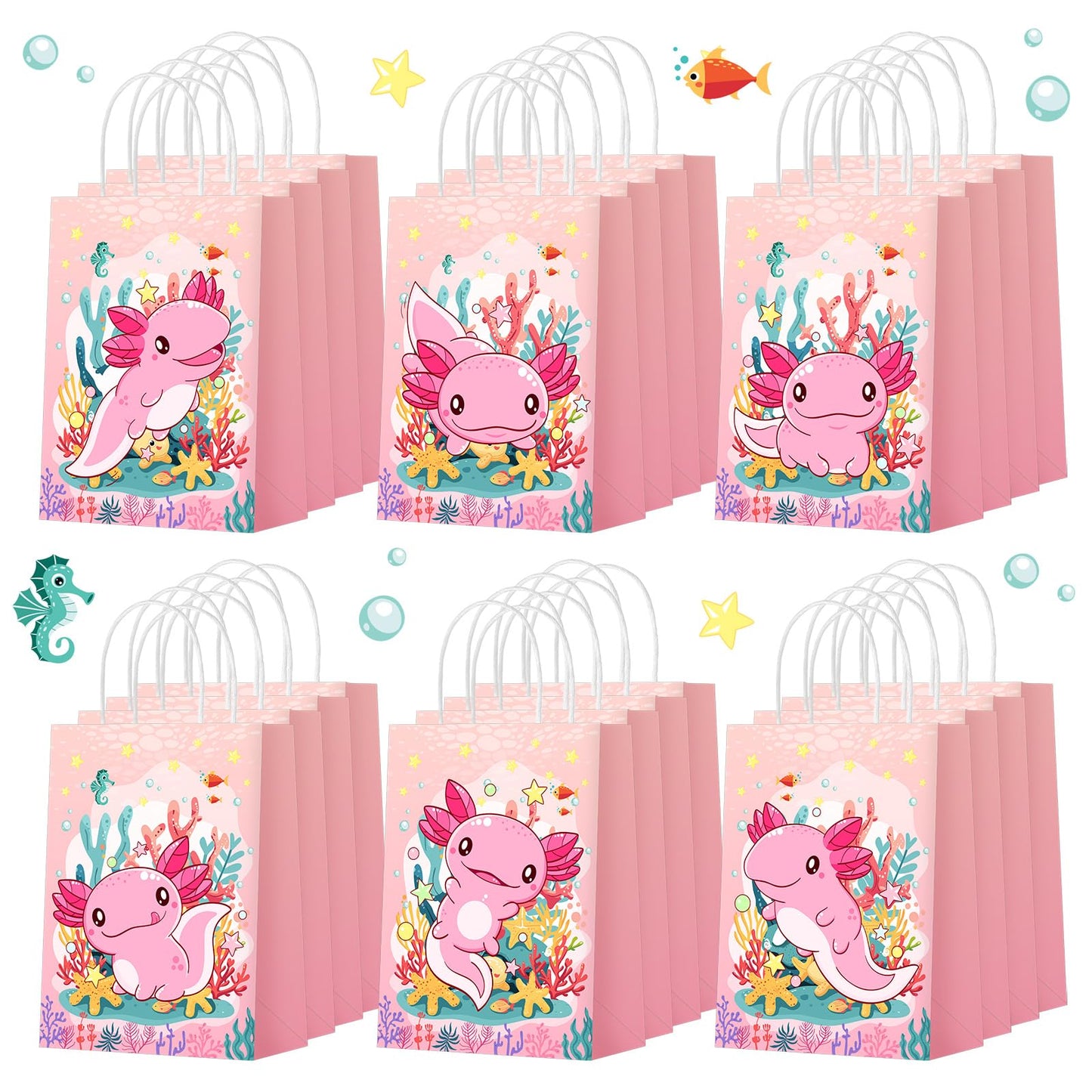 Kolldenn 24 Pcs Axolotl Party Favors Bags Amphibian Themed Gift Paper Goodie Bags Cute Animals Candy Treat Pouch‌ with Handles for Axolotl Themed Birthday Party Decorations Supplies