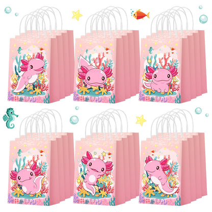 Kolldenn 24 Pcs Axolotl Party Favors Bags Amphibian Themed Gift Paper Goodie Bags Cute Animals Candy Treat Pouch‌ with Handles for Axolotl Themed Birthday Party Decorations Supplies