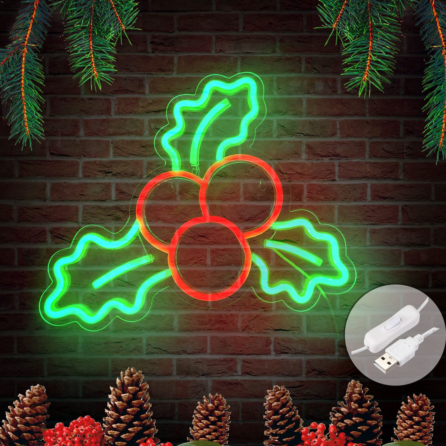 Christmas Neon Signs for Wall Decor USB Operated Neon Art Decorative Lights for Home Office Bar Pub Club Party Supplies Gift Idea (Holly)
