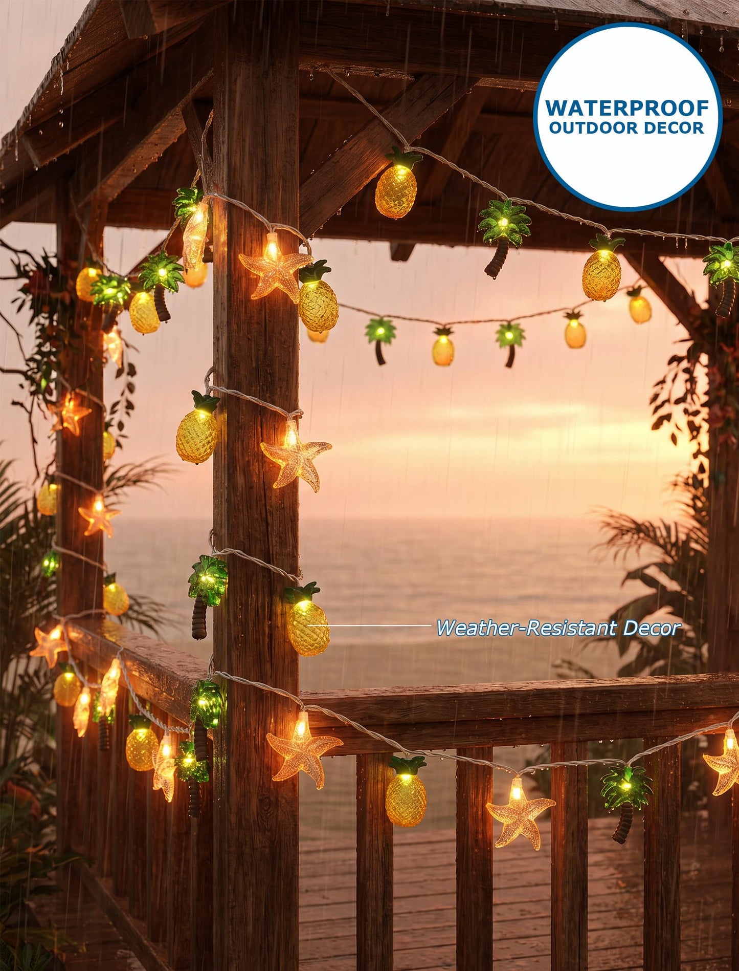 19Ft Hawaiian Beach String Lights Outdoor with 35 LED Starfish, Pineapple & Palm Tree Lights, Plug-in Tropical Party Decoration for Patio, Backyard, Garden, Window, Tiki Bar, Pool Party Decor