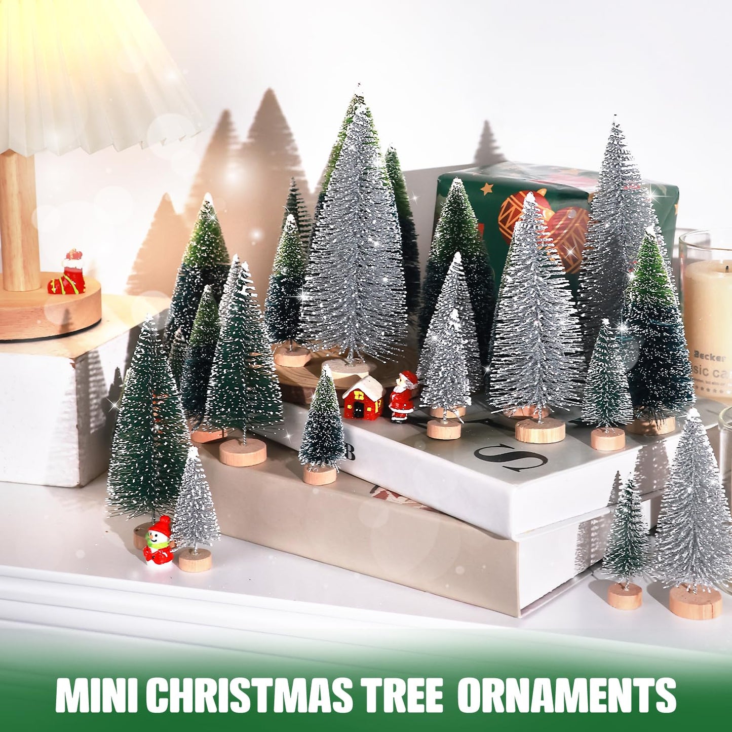 30Pcs Mini Christmas Trees Artificial Christmas Tree Bottle Brush Trees with Wooden Base for Christmas Decor Christmas Party Home Table Craft Decorations(Dark Green+Silver)