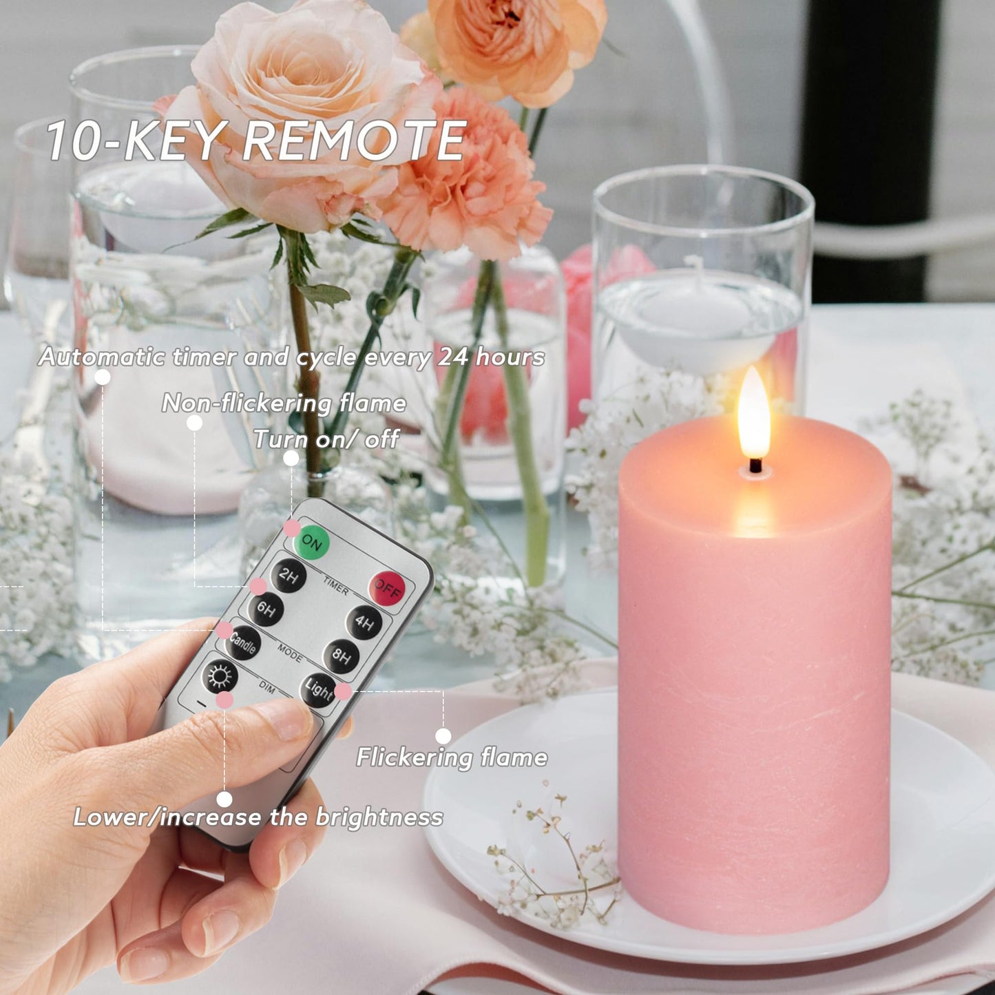 AFINETH Pink Flameless Candles, Real Wax Pillar Battery Operated Candles, Flat Top Flickering LED Pillar Candles with Remote, 4 Pack Fake Candles for Home Party Wedding Romantic Night Decor