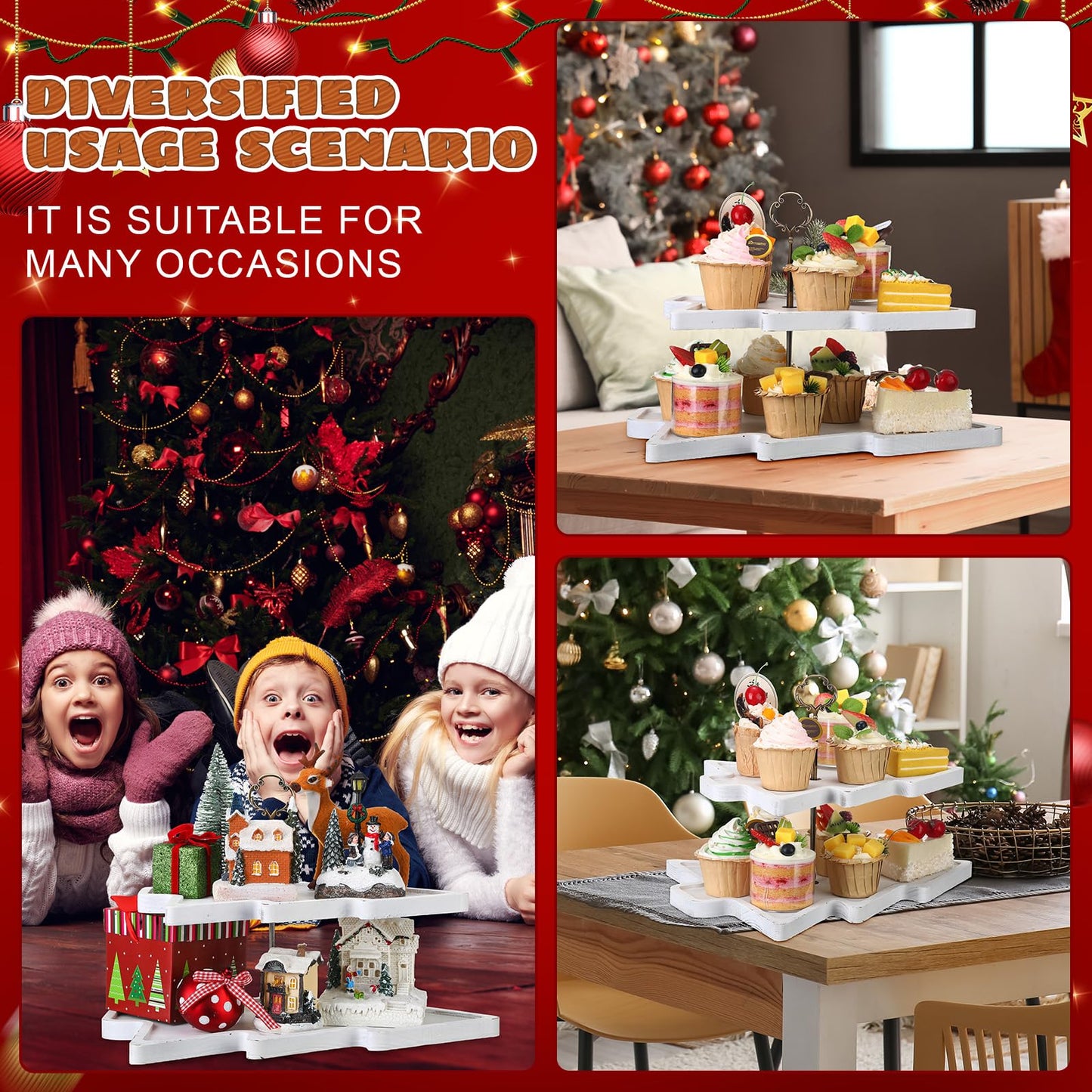 Amyhill Wood 2-Tiered Christmas Tree Tray Cupcake Stand Dessert Display Holiday Serving Platters Xmas Wooden Charcuterie Board for Snacks Food Fruit Appetizers Desserts Cookies(Distressed White)