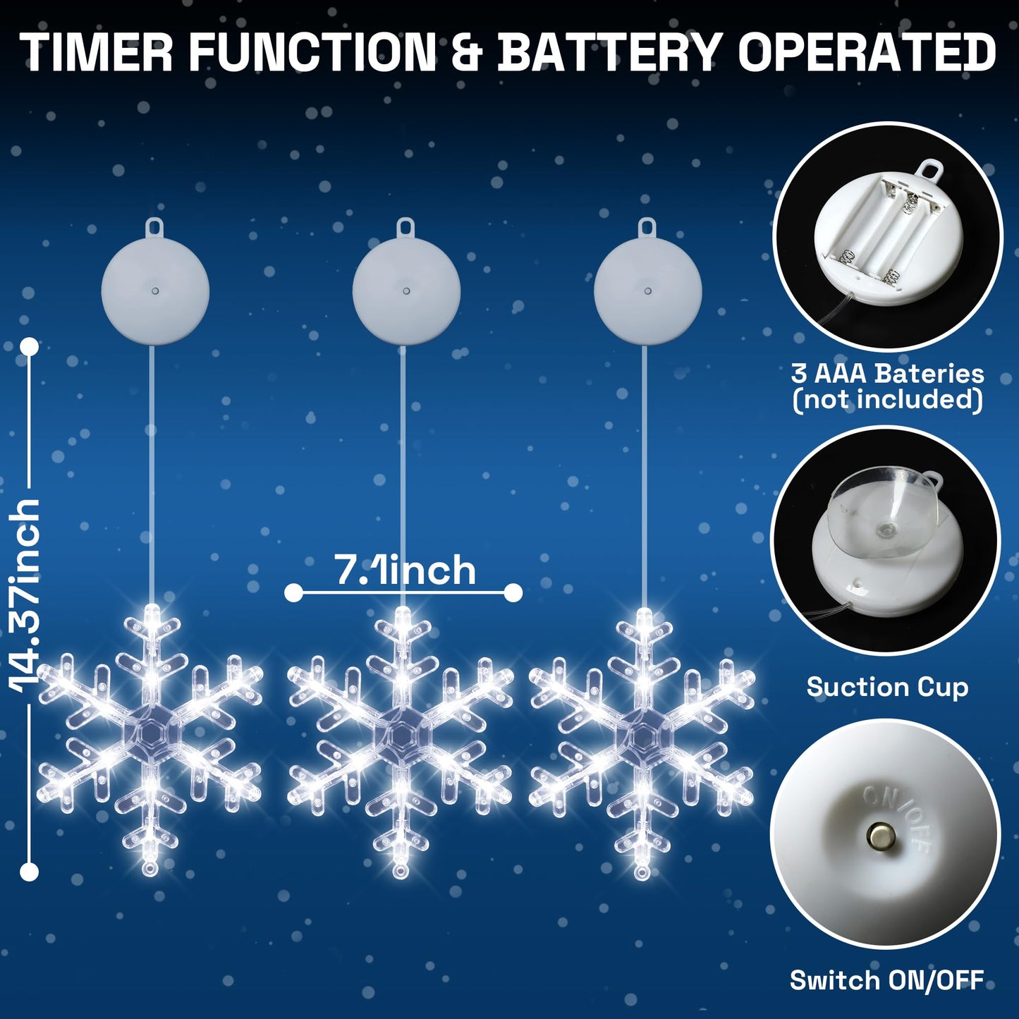 [Timer] Christmas Window Decorations, 3 Pack Snowflake Christmas Window Lights with Suction Cup, Hanging LED Battery Operated Xmas Lights Indoor Outdoor Xmas Tree Fireplace Home Party Decor - While
