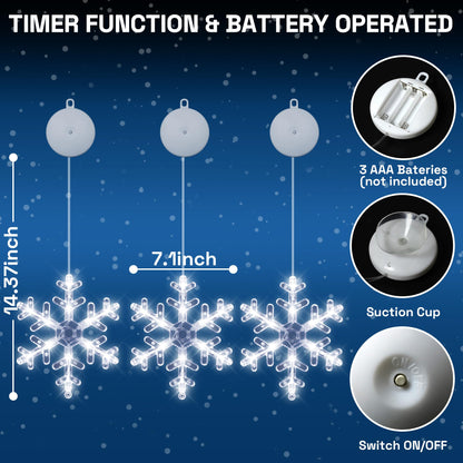 [Timer] Christmas Window Decorations, 3 Pack Snowflake Christmas Window Lights with Suction Cup, Hanging LED Battery Operated Xmas Lights Indoor Outdoor Xmas Tree Fireplace Home Party Decor - While