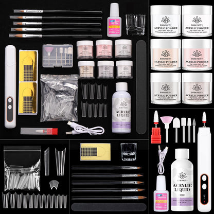 BORN PRETTY Acrylic Nail Kit - Acrylic Powder (Clear, White, Pink) & Liquid Set with Nail Forms, Brush Pen, File & Glass Container - Beginner Friendly