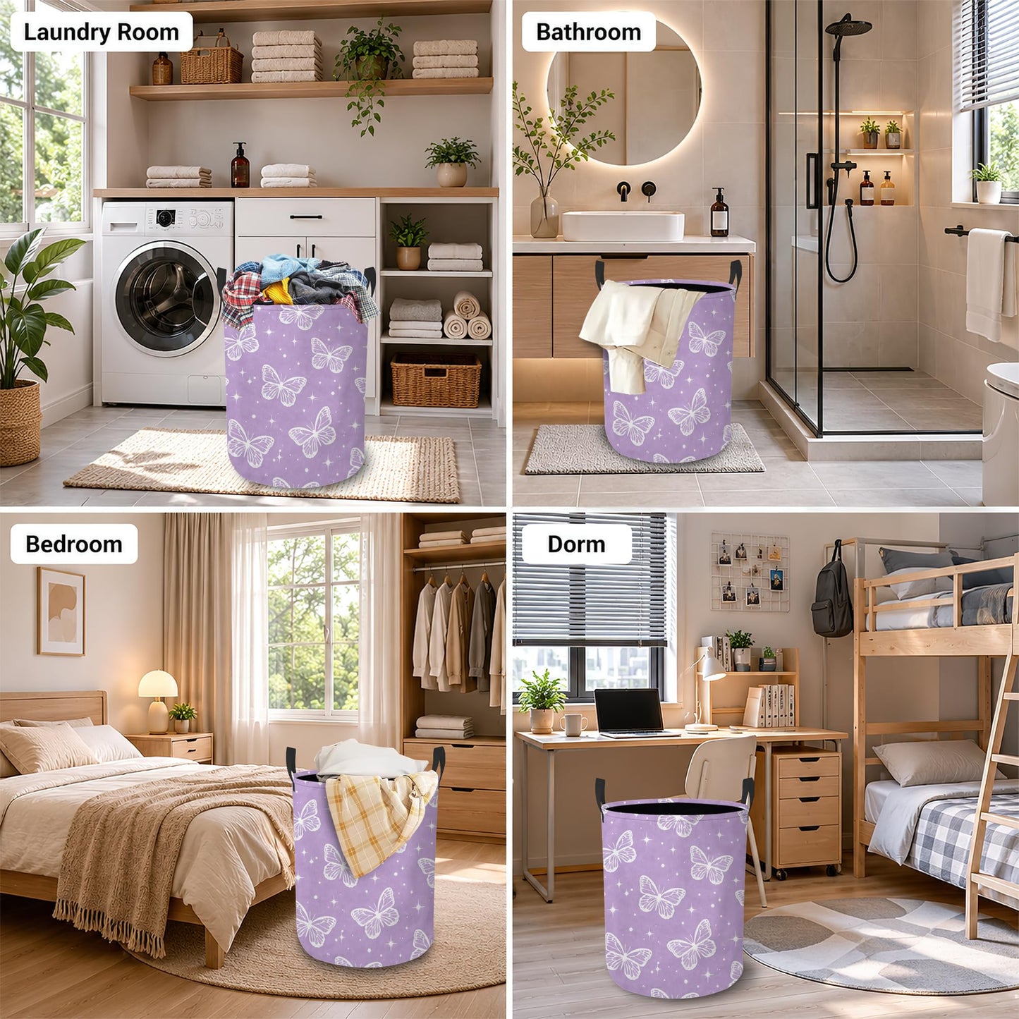 Laundry Hamper, Butterfly Star Collapsible Lavender Laundry Baskets Waterproof Oxford Cloth With Handles, Clothes Storage Bucket For Bathroom/Bedroom 16" x 20.8"