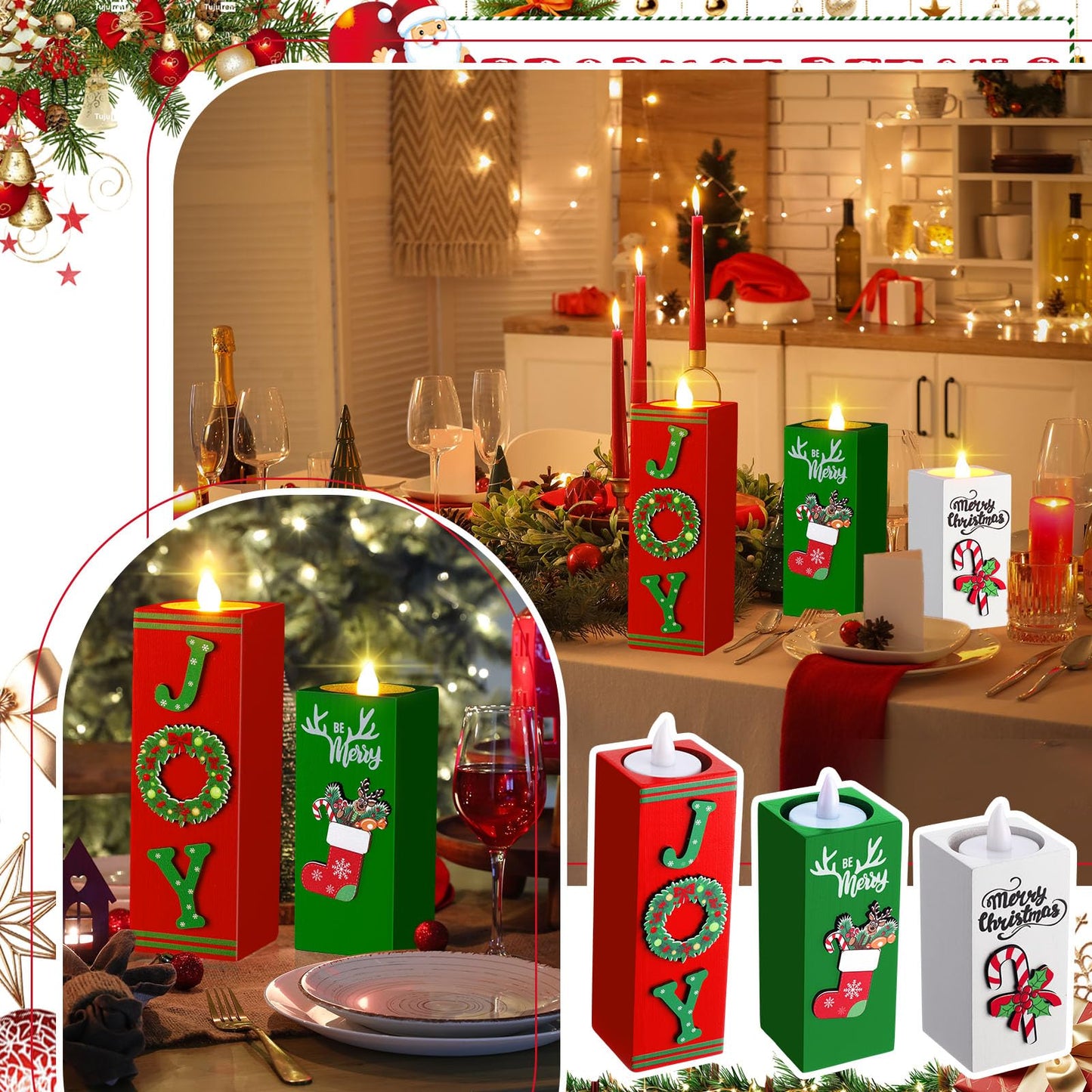 SiliFine 3 Pcs Christmas Candle Holders Xmas Table Centerpieces Decorations Wooden Tealight Candle Holders Rustic Table Centerpieces for Home Office Xmas Decor Gifts