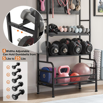 56'' Taller Home Gym Storage Organizer, Yoga Mat Storage Rack with Hanging Board, Exercise Workout Equipment Storage Stand for Home Gym, Dumbbell Holder Kettlebell Rack with Wheels and Hooks (Black)