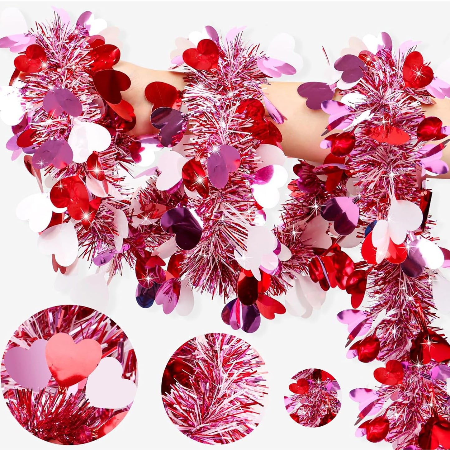 Valentines Day Garland with Hearts, 50 Ft Pink Red Glitter Tinsel Garland for Wedding Party Decorations, Metallic Hanging Decor for Home Indoor Outdoor, Mantel Table