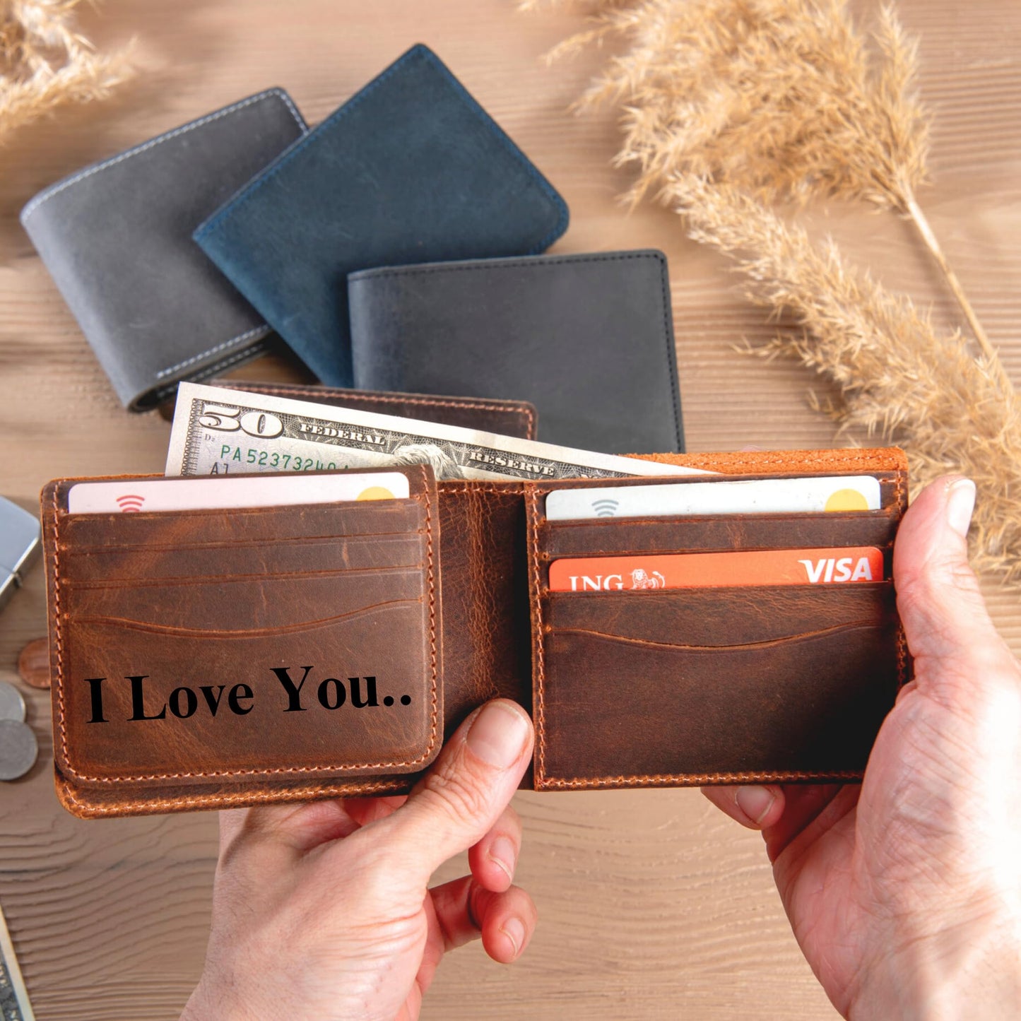 Personalized Leather Wallet for Men – Engraved Name Initial, Custom Monogram in 5 Colors & 6 Designs – Ideal Gift for Husband, Dad, Boyfriend, Wedding, Anniversary, Birthday, Valentines Day Gifts