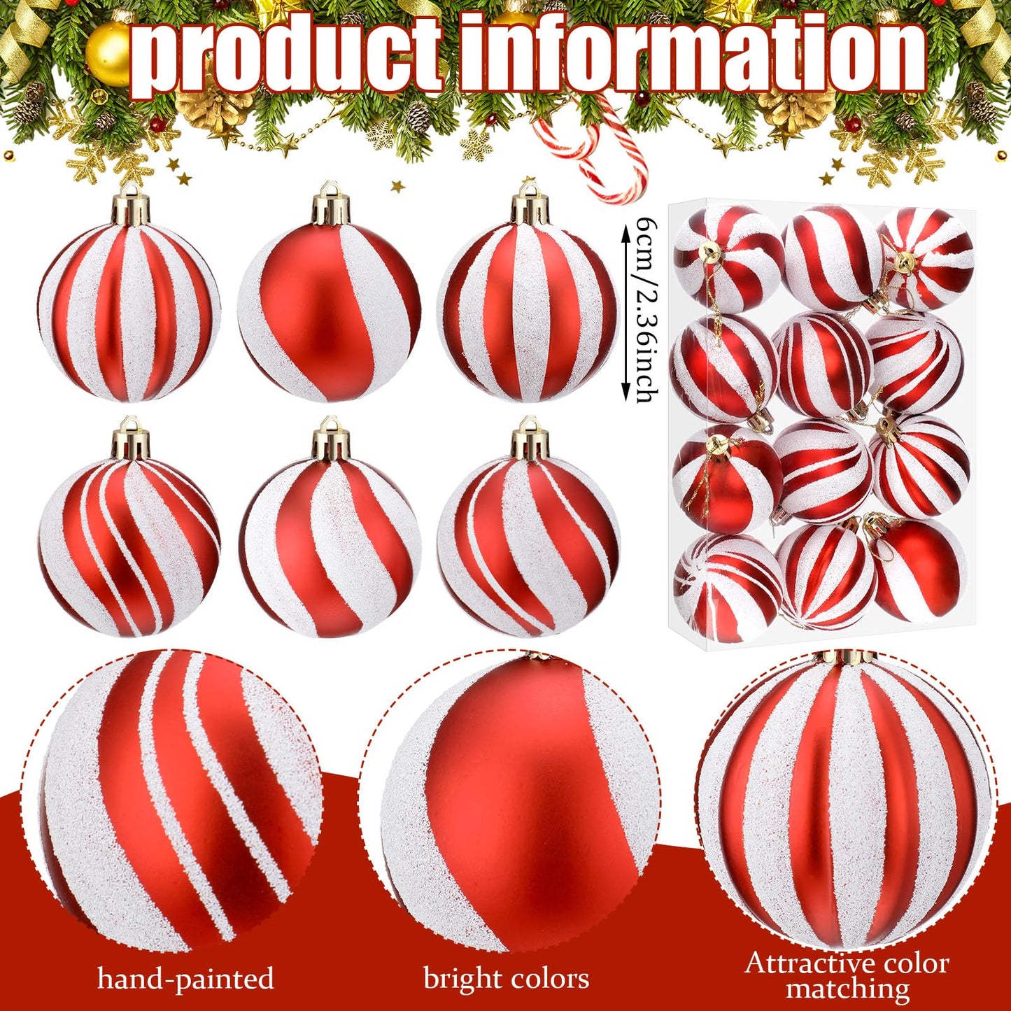 Liliful 12 Pcs 2.4 Inch Christmas Ball Ornaments Glittering Plastic Hanging Decorations Elf Balls Swirl Candy Cane Peppermint Christmas Tree Pendants for Xmas Tree Decoration (Red and White)