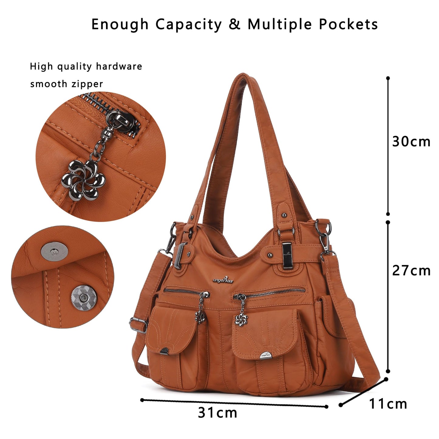 Angelkiss Women's Designer Handbag Large Double Zipper Multi Pocket Washed, Brown