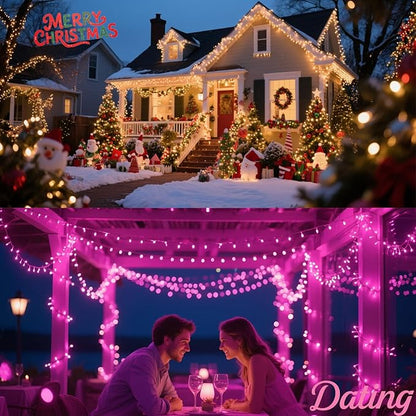 Pink String Lights Battery Powered, 2 Pack Total 66.6 FT 200 LED Christmas String Lights Indoor Outdoor Decoration, Twinkle Fairy Light for Halloween Party Garden Classroom Dorm Decor