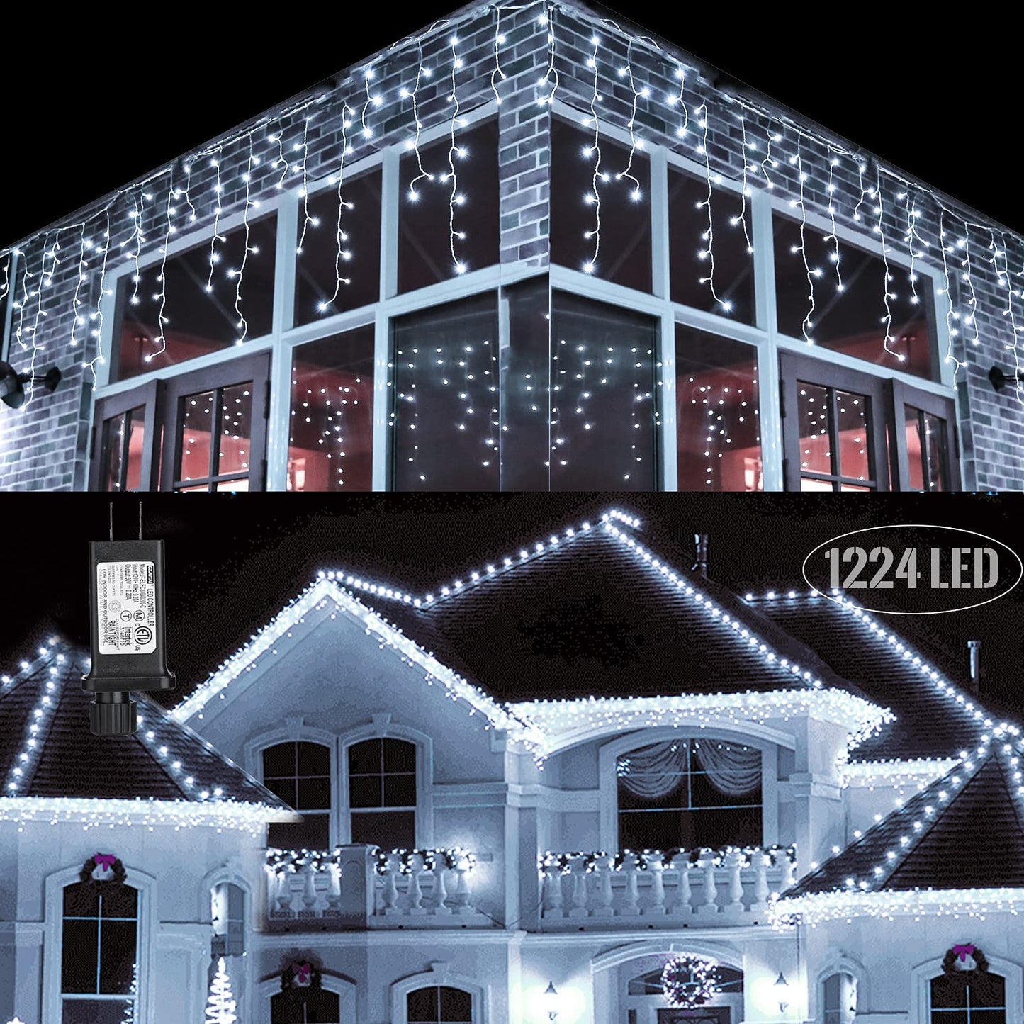 Toodour Christmas Icicle Lights Outdoor, 1224 LED 100ft 8 Modes Fairy Icicle String Light with 204 Drops, Led Christmas Lights Twinkle for Holiday, Party, Wedding, Eaves, Xmas Decorations (White)